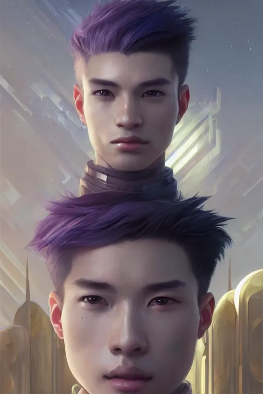 Image similar to portrait of a man with futuristic haircut, soft smile, final fantasy, league of legends champion, strong iridescent light, by chengwei pan and sakimichan and greg rutkowski and alphonse mucha, gradient white to gold, in front of a magical building background, highly detailed portrait, digital painting, smooth, focus illustration