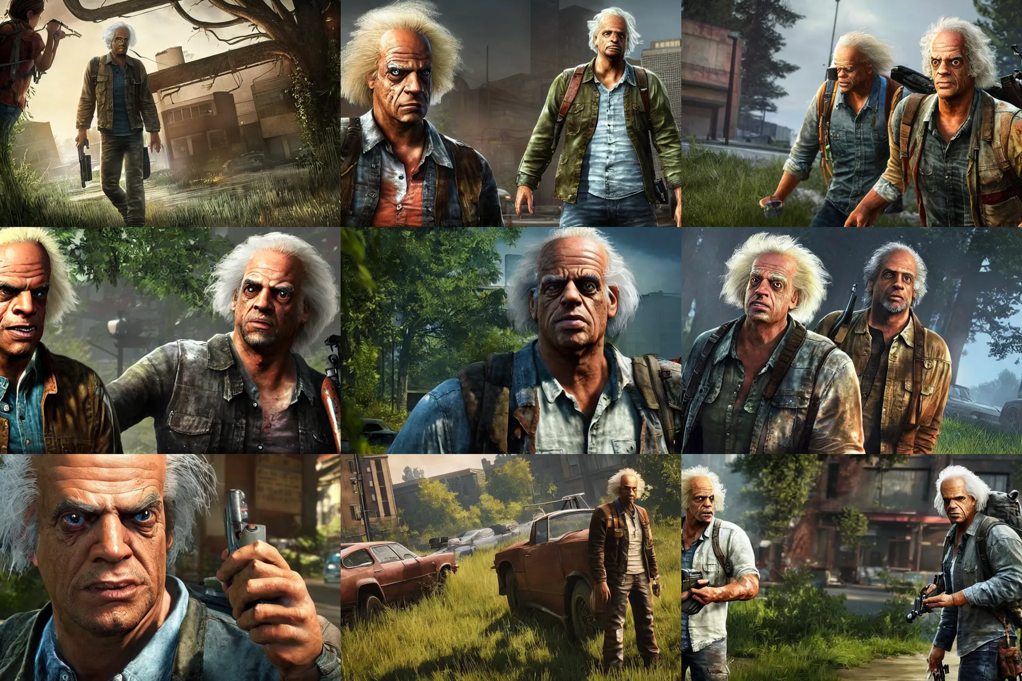 Prompt: a screenshot of doc brown in the video game the last of us. 3 d rendering. unreal engine. amazing likeness. very detailed. cartoon caricature.