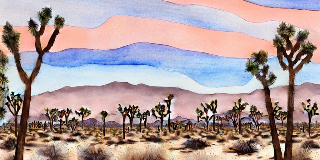 Image similar to hyper detailed Joshua tree desert watercolor painting, boho, mid century, modern, beige and Grey sunset, finely detailed, hd, 8k minimalism, edge to edge, 8k