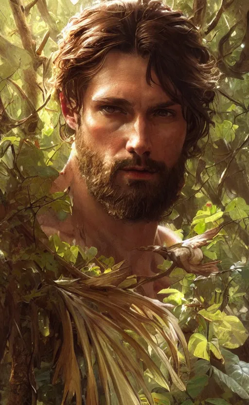 Prompt: god of the forest, 3 0 years old, rugged handsome, male, gorgeous, detailed face, clean lines, cinematic light, amazing, full body, flowers, muscular, intricate, highly detailed, digital painting, artstation, concept art, sharp focus, illustration, art by greg rutkowski and alphonse mucha