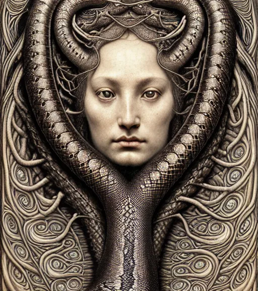 Prompt: detailed realistic beautiful serpent goddess face portrait by jean delville, gustave dore, iris van herpen and marco mazzoni, art forms of nature by ernst haeckel, art nouveau, symbolist, visionary, gothic, neo - gothic, pre - raphaelite, fractal lace, intricate alien botanicals, ai biodiversity, surreality, hyperdetailed ultrasharp octane render