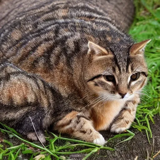 Image similar to a small domestic housecat with a flat mushroom growing atop its head