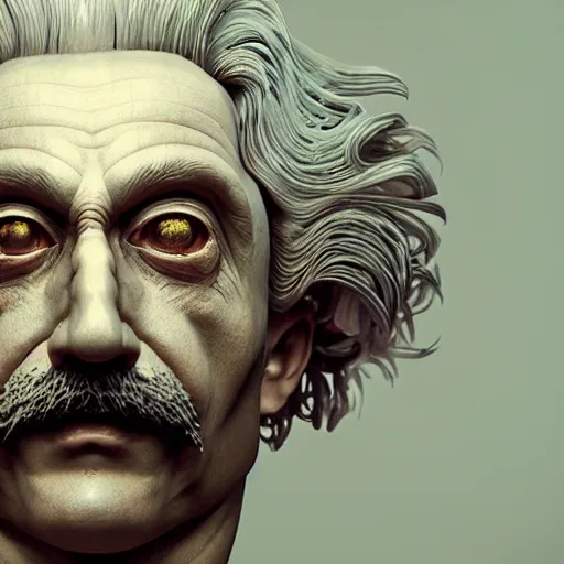 Image similar to masterpiece portrait ethereal biomechanical einstein with incredible hair, crystal incrustations, hyper - detailed face, elegant posed, intricate, octane render, cinematic lighting, cgsociety, unreal engine,