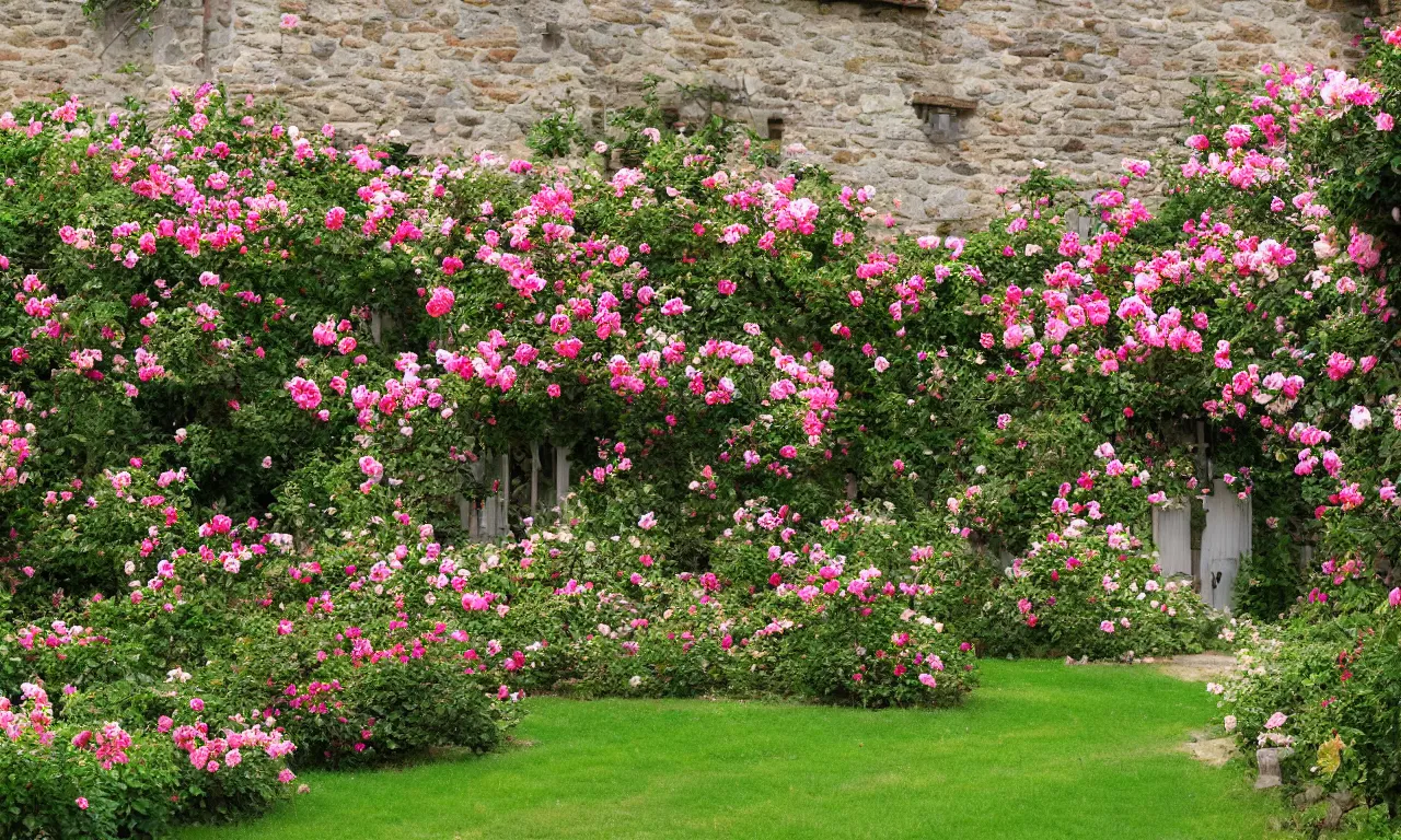 Image similar to a beautiful rose garden by a cottage, photograph, 8k, cinematic, highly detailed