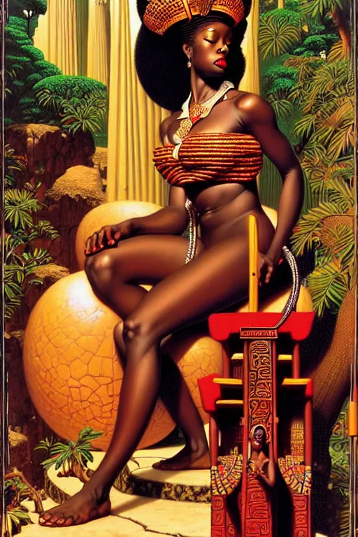 Image similar to an african goddess queen in a temple by gil elvgren and norman rockwell and rob gonsalves and hajime sorayama, hyperrealistic, high detail, ultra detailed