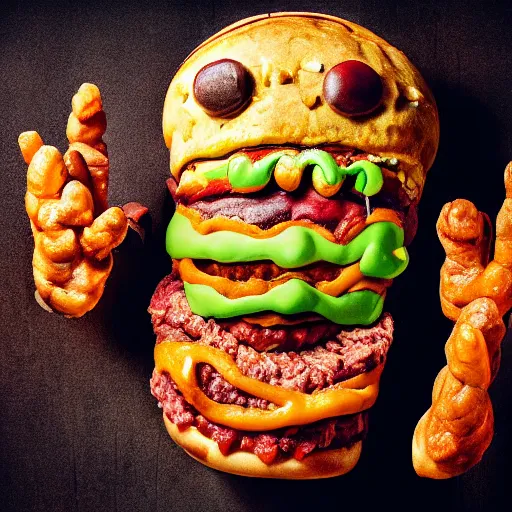 Image similar to a humanoid bipedal upright zombie that strongly resembles a hamburger, professional food photography