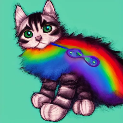 Image similar to wide angle full body, of a fluffy cute rainbow kitten wearing a black motorcycle jacket, concept art