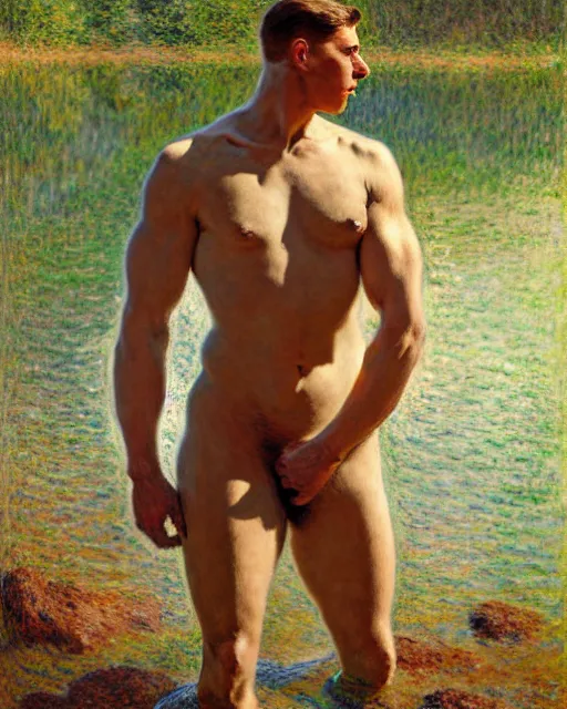 Prompt: muscular soldier wading through a river, sunlight shining on his skin, reflective water, painting by tom of finland, gaston bussiere, craig mullins, j. c. leyendecker, claude monet