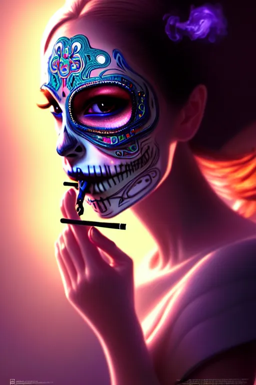 Image similar to ultra detailed, beautiful female android smoking a cigarette, scifi, fantasy, ( dia de los muertos ), triadic color scheme, intricate detailed, global illumination, concept art. smoke, calm, noir. art by godmachine and michael welan and rossdraws and artgerm and greg rutkowski and loish and wlop. 8 k, hdr