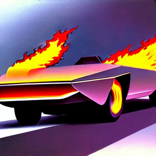 Image similar to concept art for a car with flame throwers, painted by syd mead, high quality