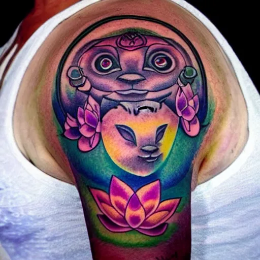 Image similar to shoulder tattoo of a meditating cute bush baby with trippy eyes and glowing multicolored chakra symbols, surrounded with colorful lotus flowers, insanely integrate