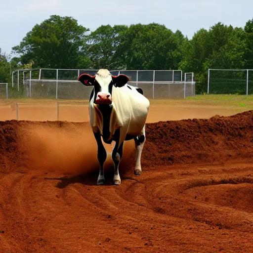 Prompt: a cow standing in a motocross track