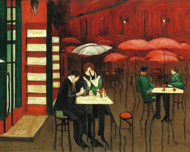 Prompt: melancholy rainy night at a cafe by de chirico