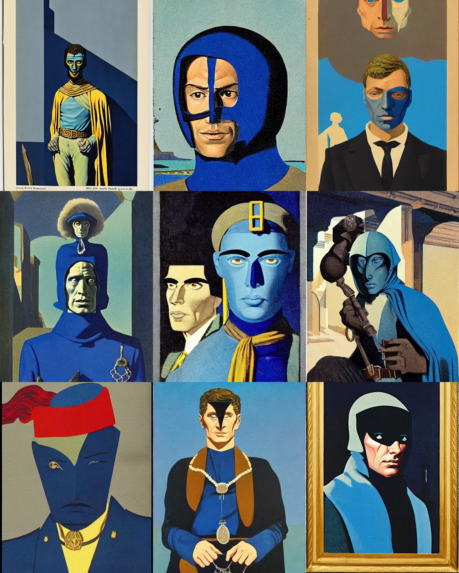 Prompt: a realistic portrait of the brave thief of ancient jewels in cape by Reynold Brown and Karel Thole, gray men, cadet and Cambridge Blue colour scheme, perfect faces, dark