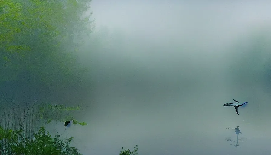 Prompt: a fairy riding a great blue heron over a misty lake, ambient lighting, light bloom, in the style of Edward Robert Hughes and Over the Garden Wall