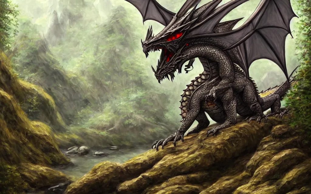 Image similar to A dragon dressed in armor sitting on a rock within a woodland creek, highly detailed, trending on pixiv, realistic oil paint artwork made in 2020.