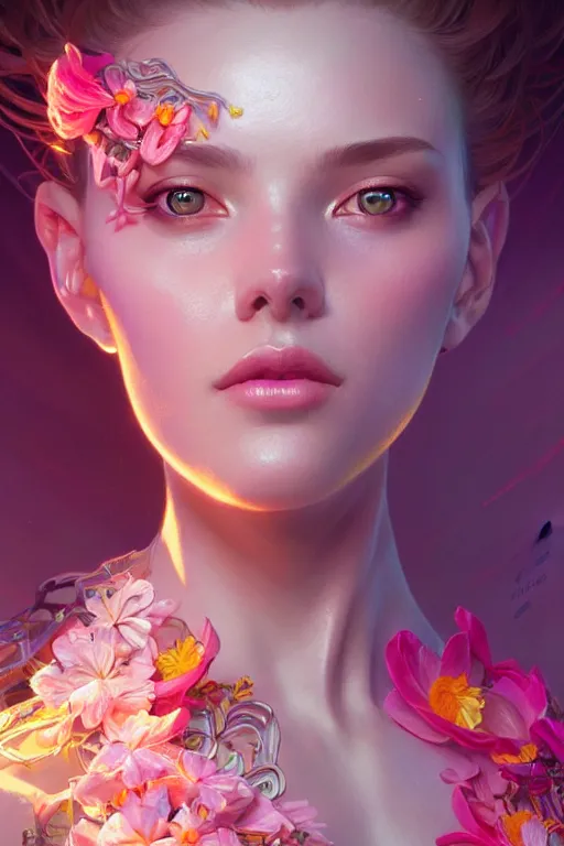 Image similar to beautiful female android!, half portrait, neon flowers, intricate detailed environment, cell shaded, floro details, intricate, elegant, highly detailed, digital painting, artstation, concept art, smooth, sharp focus, illustration, art by artgerm and greg rutkowski and alphonse mucha