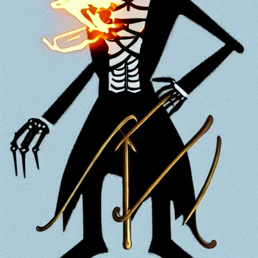 Image similar to DND character, skeleton, Tall skeletal figure, wearing a deep black suit and tie and top hat. golden cane in his right. Light blue flames envelop his whole body