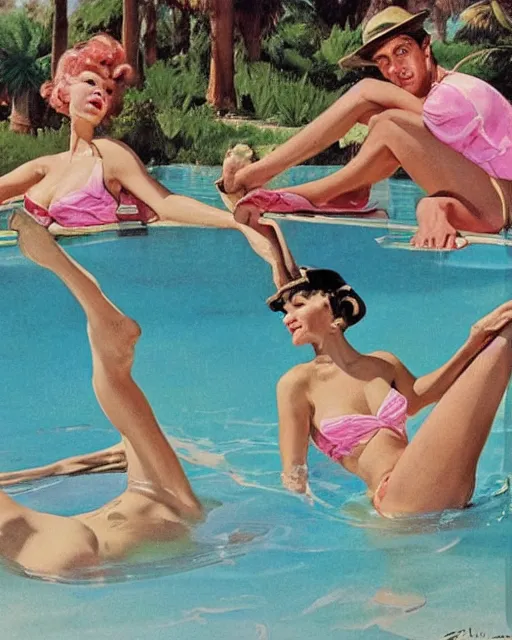 Image similar to tuesday weld in a pink bikini, tuesday weld half immersed in water in a palm springs midcentury swimming pool by gil elvgren, by mort kunstler, by earl norem