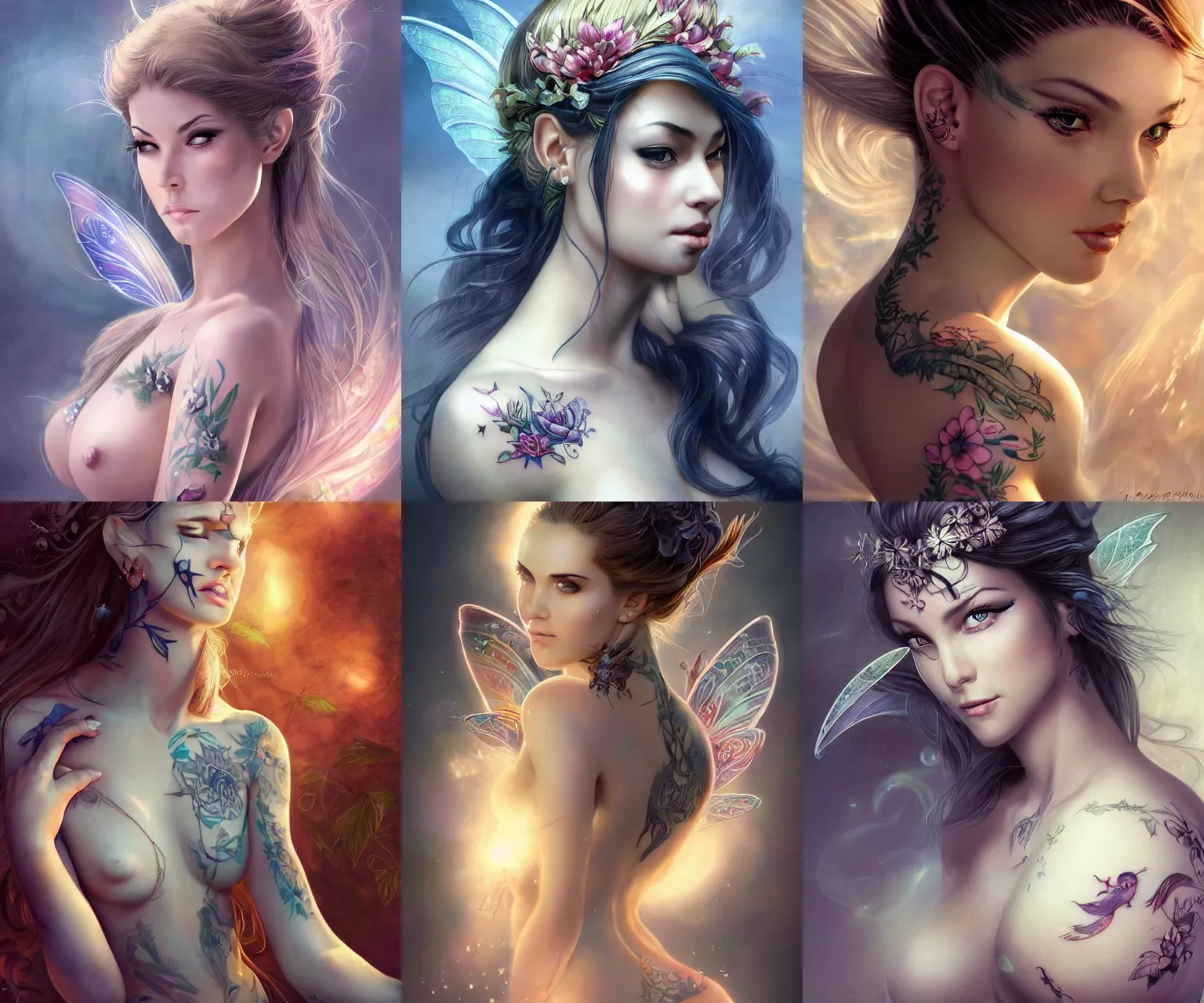 Prompt: a beautiful female fairy with tattoos, ethereal, dreamy, backlit, highly detailed, stern expression, realistic lighting, sharp focus, windswept, rule of thirds, symmetrical facial features, backlit glow, by artgerm, rossdraws, frank frazetta, andrei riabovitchev, trending on artstation, hd, 4 k, fantasy