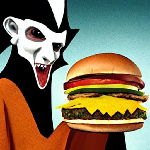 Image similar to nosferatu biting into a mcdonald's burger, advertisement