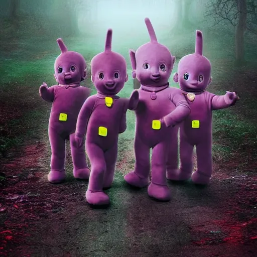 Prompt: Teletubbies-vampires in a Silent Hill