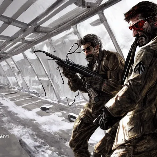 Image similar to Solid Snake from MGS and Gordon Freeman from Half-Life melee fight against each other on an abandoned military base, winter, very detailed, hyper realism, epic, close-up fight, digital art, concept art, illustration, artstation, cgi, 4k