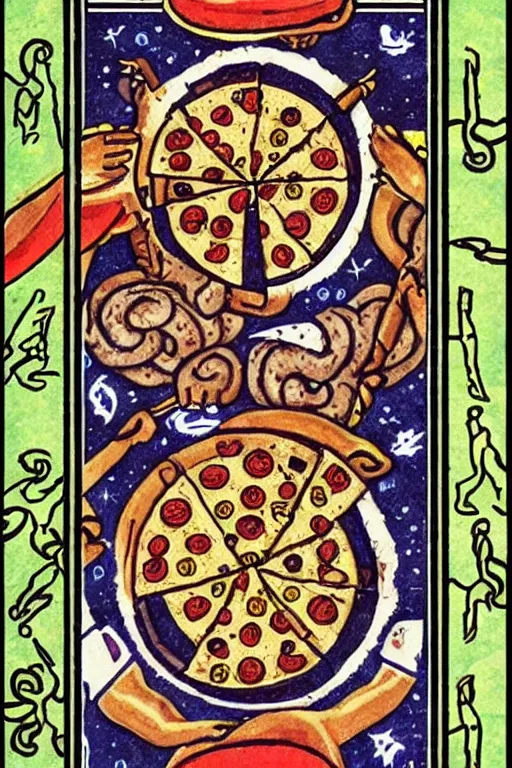 Prompt: Pizza zodiac tarot card, mayan style, concept art, detailed