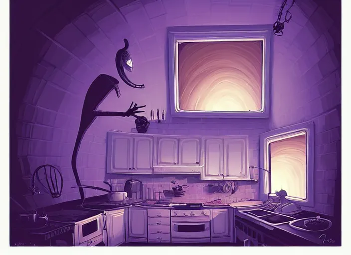 Image similar to multilevel curved perspective digital art of a dim lit kitchen (from Tim Burtons Nightmare Before Christmas) by Christopher Balaskas