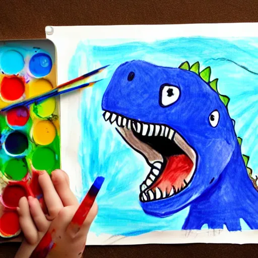 Prompt: a child's painting of a friendly dinosaur