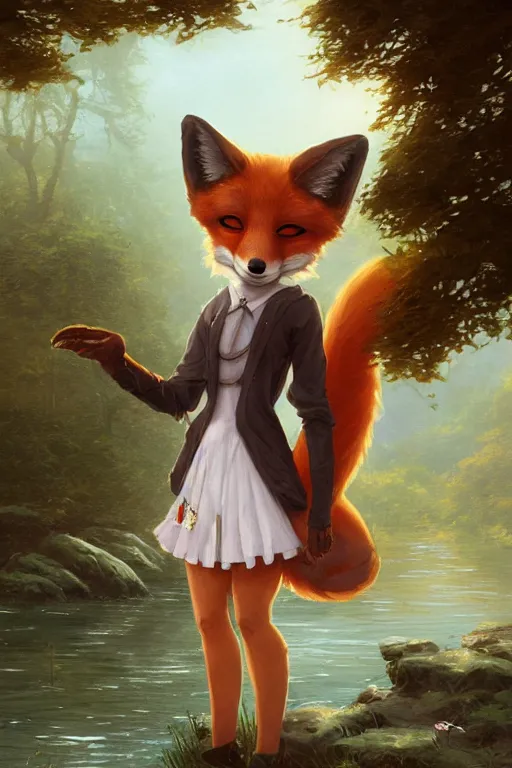 Prompt: an anthropomorphic fox girl wearing a skirt, long fluffy tail, two pointed ears, beautiful lake background, illustration by greg rutkowski, thomas kindkade, loish, artstation, furaffinity, deviantart