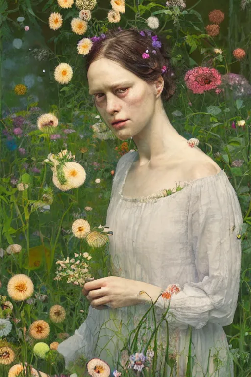 Image similar to beautiful woman in garden, imperil, beauty portrait by greg rutkowski, hilma af klint, moebius, victo ngai, sharp focus, global illumination, highly detailed, masterpiece, award winning, post processing