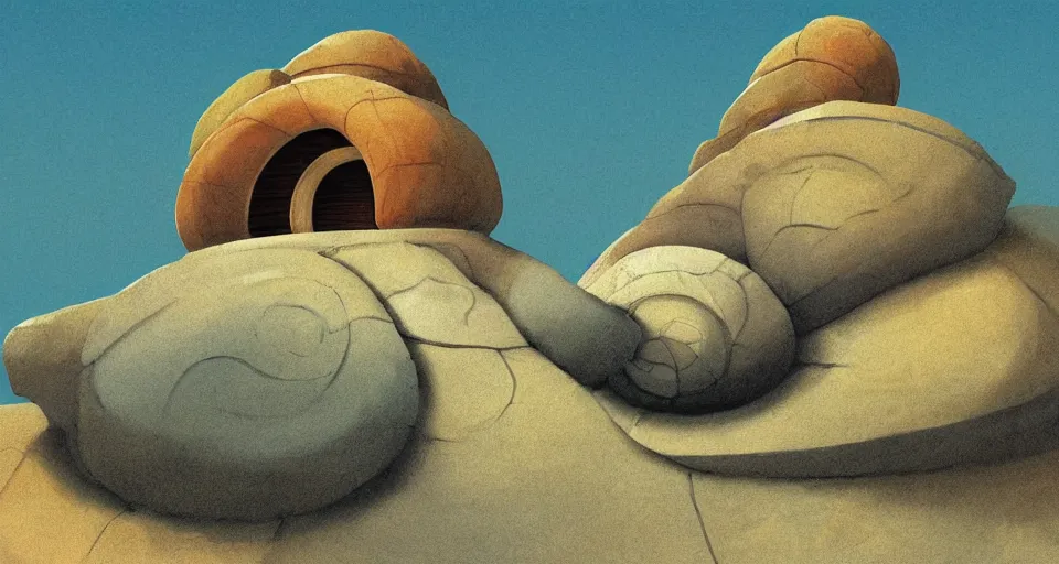 Prompt: digital painting of a tiny sacred spiral seashell house on top of a rock, by roger dean, syd mead, cell shaded graphics, concept art, minimalist, golden ratio