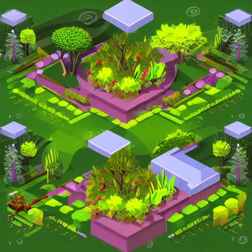 Image similar to beautiful isometric garden, trees and plants, futuristic, ideal, zen, dramatic lighting