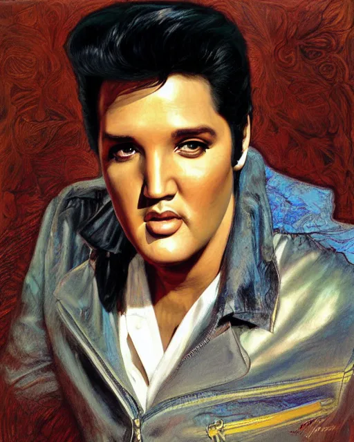 Image similar to portrait of Elvis Presley by Mandy Jurgens and Richard Schmid and chuck close and mucha