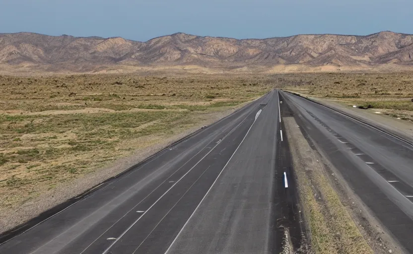 Image similar to An illegal drag race down a long straight highway, deserted, long stretch, open road