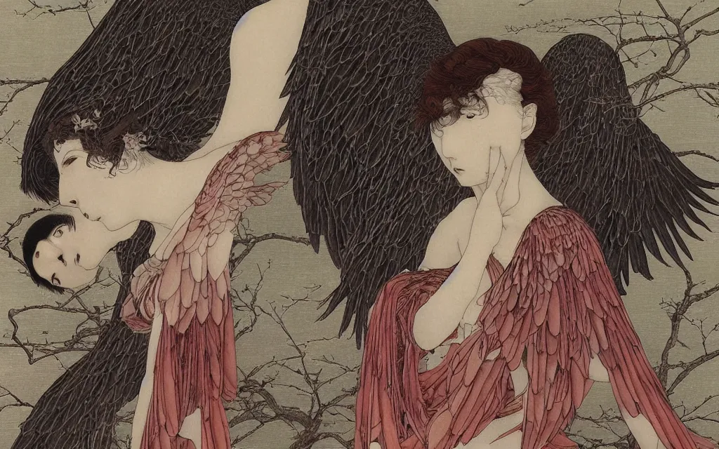 Prompt: vision of angels with a broken wing, trying to fly by andre leblanc and takato yamamoto, smokey