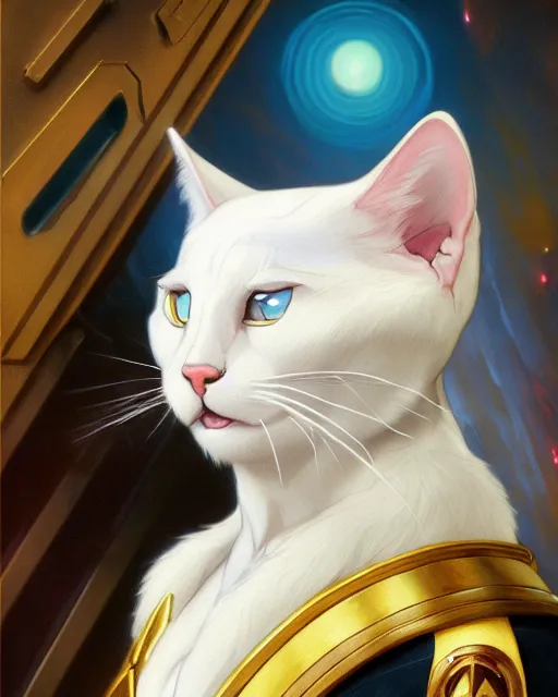 Prompt: painting of anthromorphic male white cat with blue eyes wearing a starfleet uniform, star trek, zootopia, fursona, furaffinity, 4 k, deviantart, furry art, very expressive detailed feminine face, gaston bussiere, craig mullins, jc leyendecker, gustav klimt, artgerm, greg rutkowski, alphonse mucha