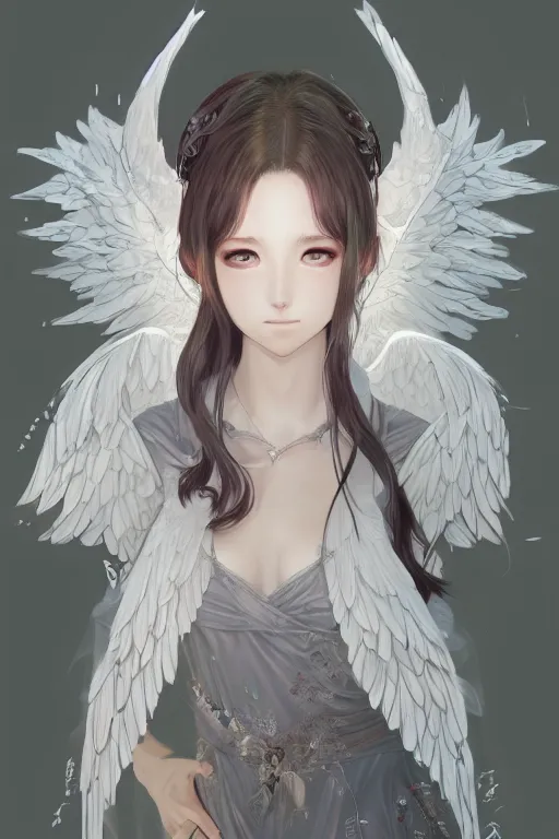 Image similar to Portrait of beautiful anime maiden with angelic wings, intricate, elegant, highly detailed, artstation, concept art, illustration, art by Yoshitaka Amano, Sakimichan, Kuvshinov Ilya, tsuaii