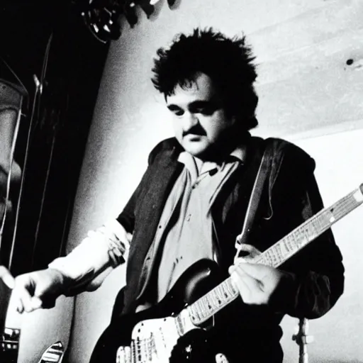 Image similar to john belushi as joliet jake blues playing electric guitar in a darkened nightclub, 3 5 mm film still from 1 9 8 1, grainy.