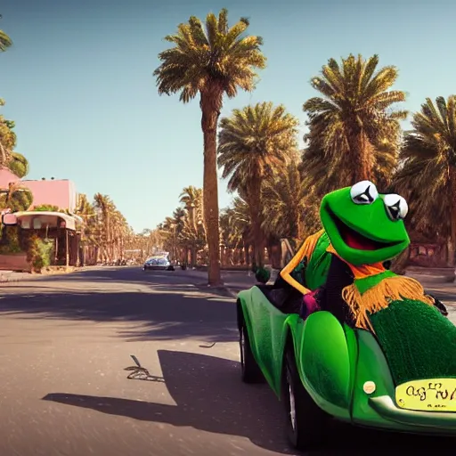 Image similar to illustration of kermit the frog driving in marrakech, morocco, palm trees, 8 k, octane render, hyperdetailed, illustration, oil painting