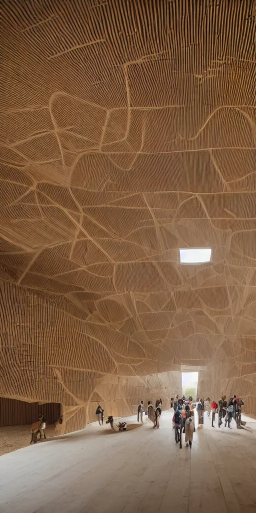 Image similar to indoor photo of a complex cultural building made of fractal rammed earth, people walking