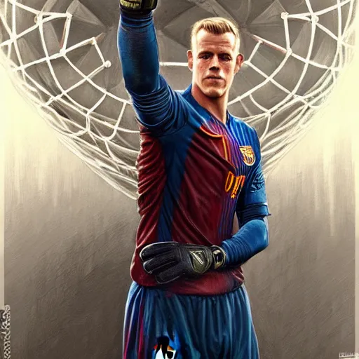 Image similar to Ter Stegen holding a bomb in his gloves, Barcelona and Germany goalkeeper, D&D, fantasy, intricate, elegant, highly detailed, digital painting, artstation, concept art, matte, sharp focus, illustration, art by Artgerm and Greg Rutkowski and Alphonse Mucha