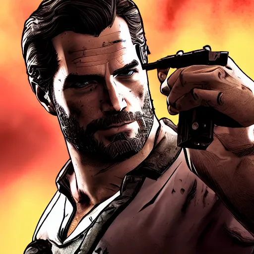 Image similar to henry cavill portrait, borderlands, tales from the borderlands, the wolf among us, comic, cinematic lighting, studio quality, 8 k