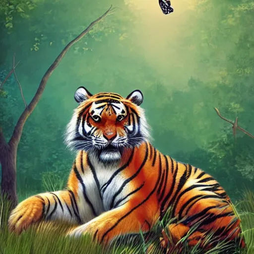 Prompt: tiger sits on a meadow, surrounded by butterflies, waterfall in the distance artstation