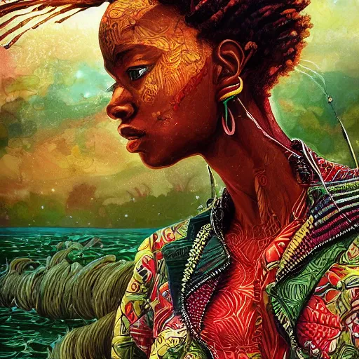 Image similar to Fisherman, Jamaican, Illustration, Third-Person View, Depth of Field, Colorful with Yellow Green Black Red, insanely detailed and intricate, hypermaximalist, jamaican vibe, hyper realistic, super detailed, by Charlie Bowater, by Karol Bak