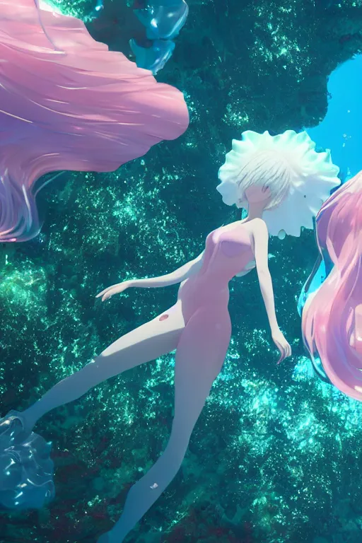 Image similar to 3D CG anime Land of the Lustrous Houseki no Kuni character Ventricosus translucent very light pink jelly woman with thick chest size and pink transparent bouffont dress frills standing at the bottom of the ocean near the surface, sun rays shine through the water, beautiful composition, 3D render, cel shaded, 8k, key visual, made by Haruko Ichikawa, Makoto Shinkai, studio Ghibli, Kyoto Animation