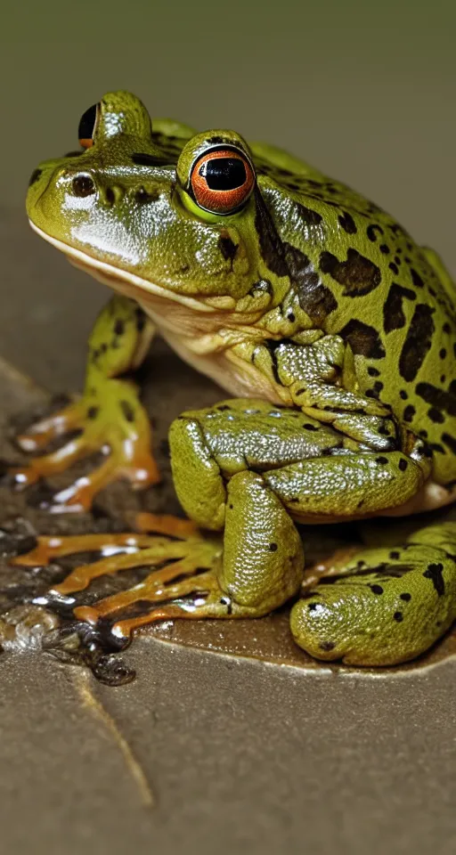 Image similar to gigachad frog smoking crack, 4 k, detailed, landscape, realistic, polariod