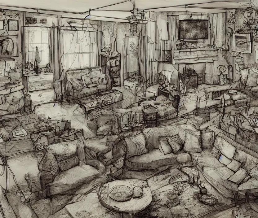 Image similar to An of interior of a living room at night, rotoscoped, rotoscope, photoshop, photomanipulation, realism, painting, illustration and sketch, weird scribbles, hybrid styles, hybrid art styles, mismatched, trending on artstation, trending on deviantart, weird, quirky, interesting, very detailed, highly detailed, HD Quality, 4k resolution, 8k resolution, in the style of David Firth, in the style of James Lee, in the style of Drue Langlois,