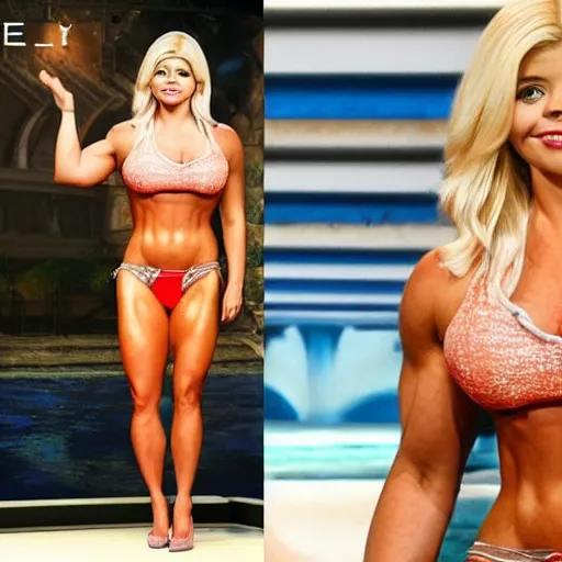 Image similar to holly Willoughby with the physique of a body builder, hyper realistic, ultra detailed, cinematic, dynamic lighting, photorealistic, refined, intricate, digital art, digital painting, masterpiece, 8k